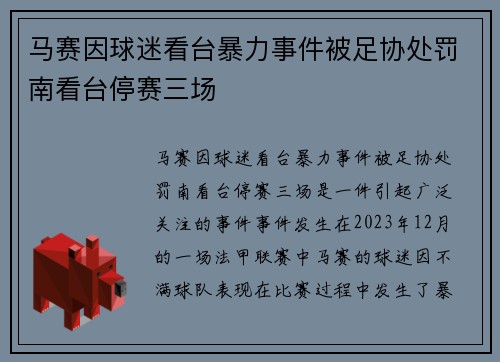 马赛因球迷看台暴力事件被足协处罚南看台停赛三场 马赛因球迷看台暴力事件被足协处罚南看台停赛三场