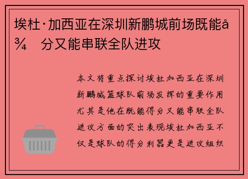 埃杜·加西亚在深圳新鹏城前场既能得分又能串联全队进攻